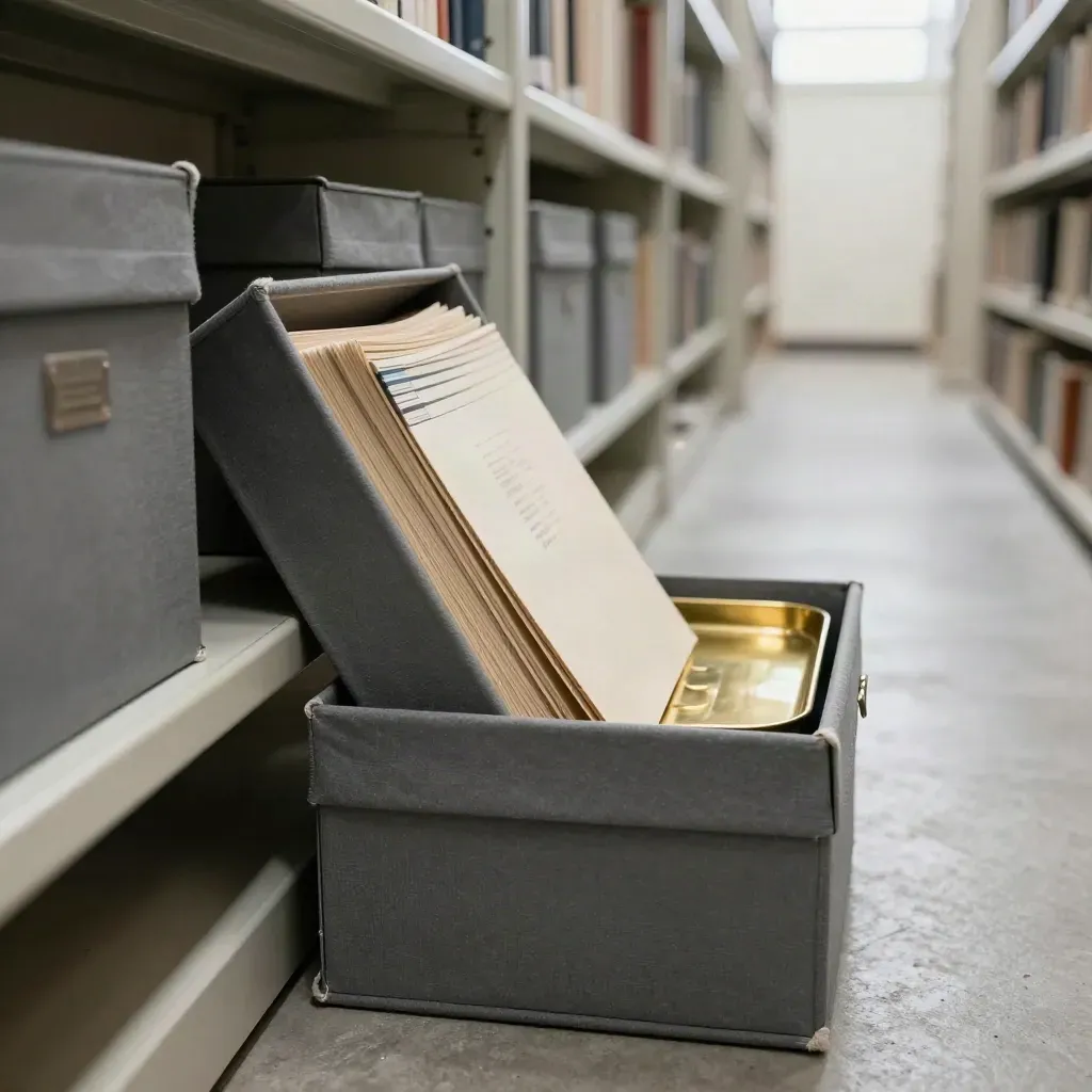 Archive boxes and a brass catalog tray in a dusty storage aisle, opened box with sleeves