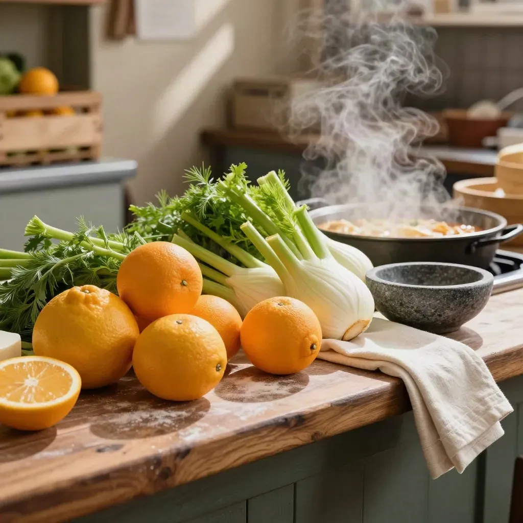Market counter with citrus, fennel, a stone bowl, and steam rising behind them.