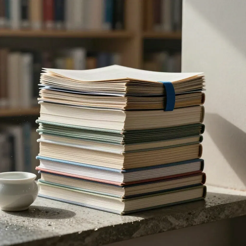 Stack of books, zines, reading cards and a cobalt ribbon in morning haze