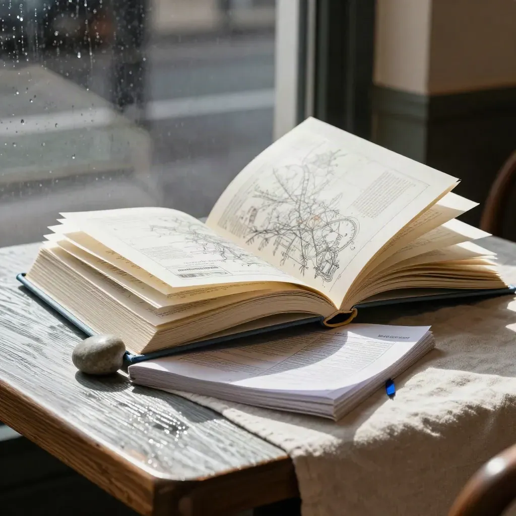 Open atlas and route sheets fluttering on a cafe table in rainy window light.