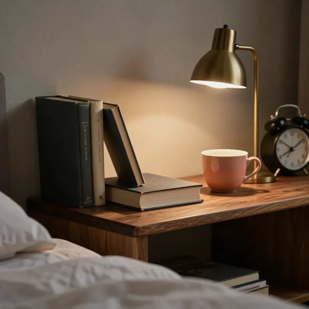 Bedside shelf with books, lamp, cup and a shadowed alarm clock in warm haze.
