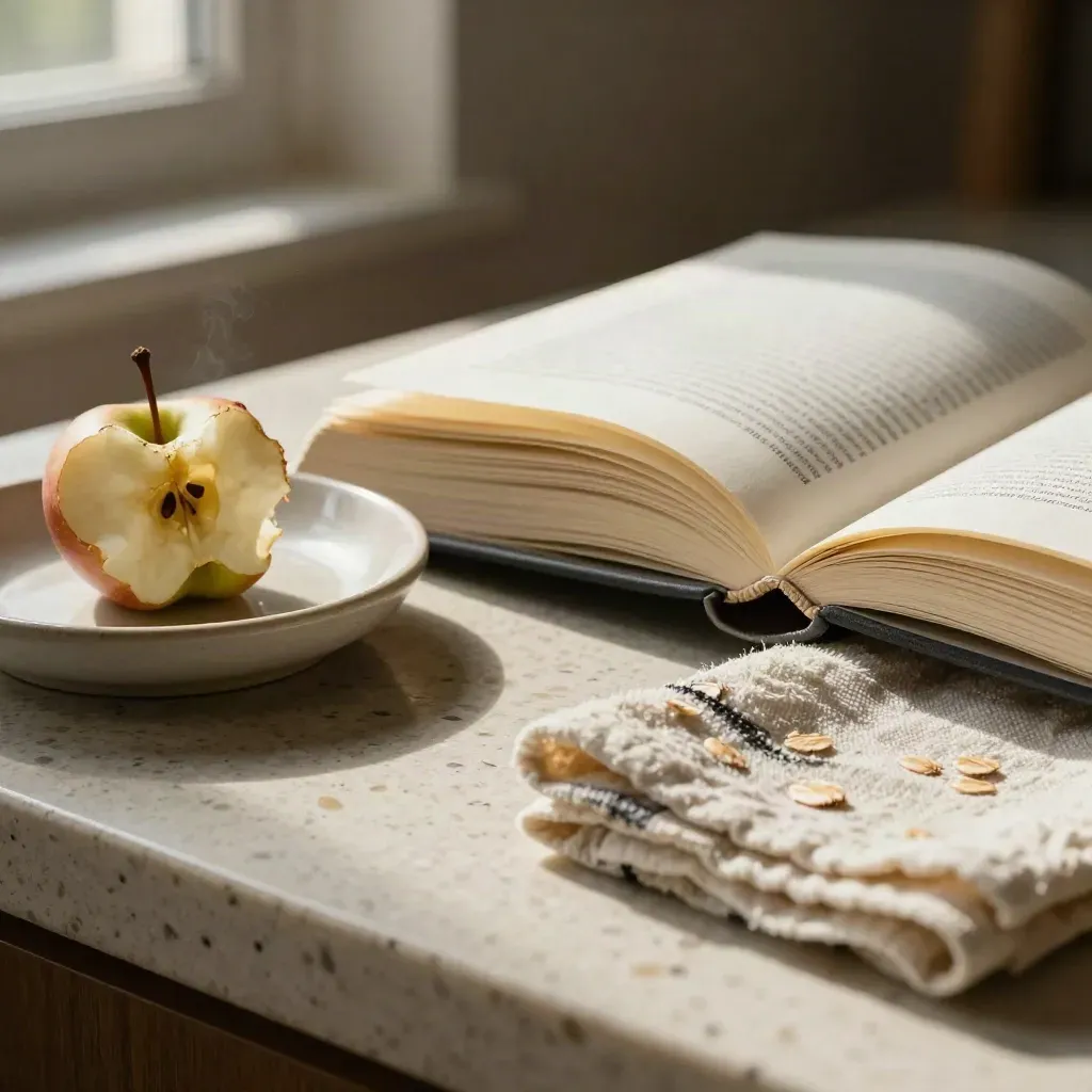 Top-down macro of tiny essays, a ceramic dish, apple core, and tea towel on stone.