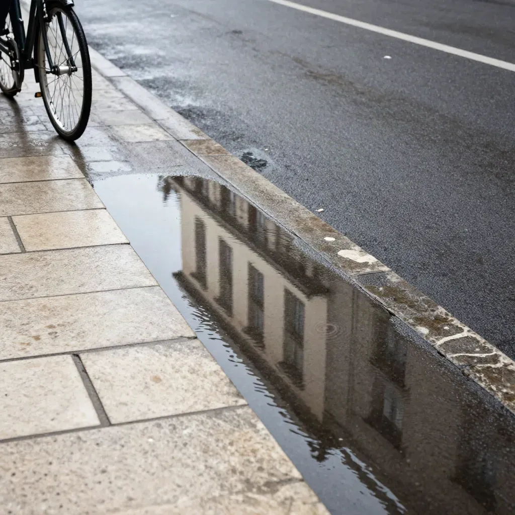 Wet curb stones, a bicycle wheel, and a puddle reflecting a corner facade after rain.
