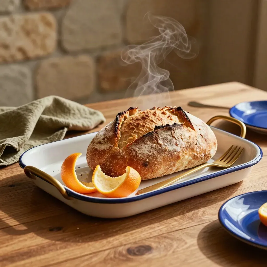Warm bread, citrus peel, and brass cutlery on an enamel tray with steam rising