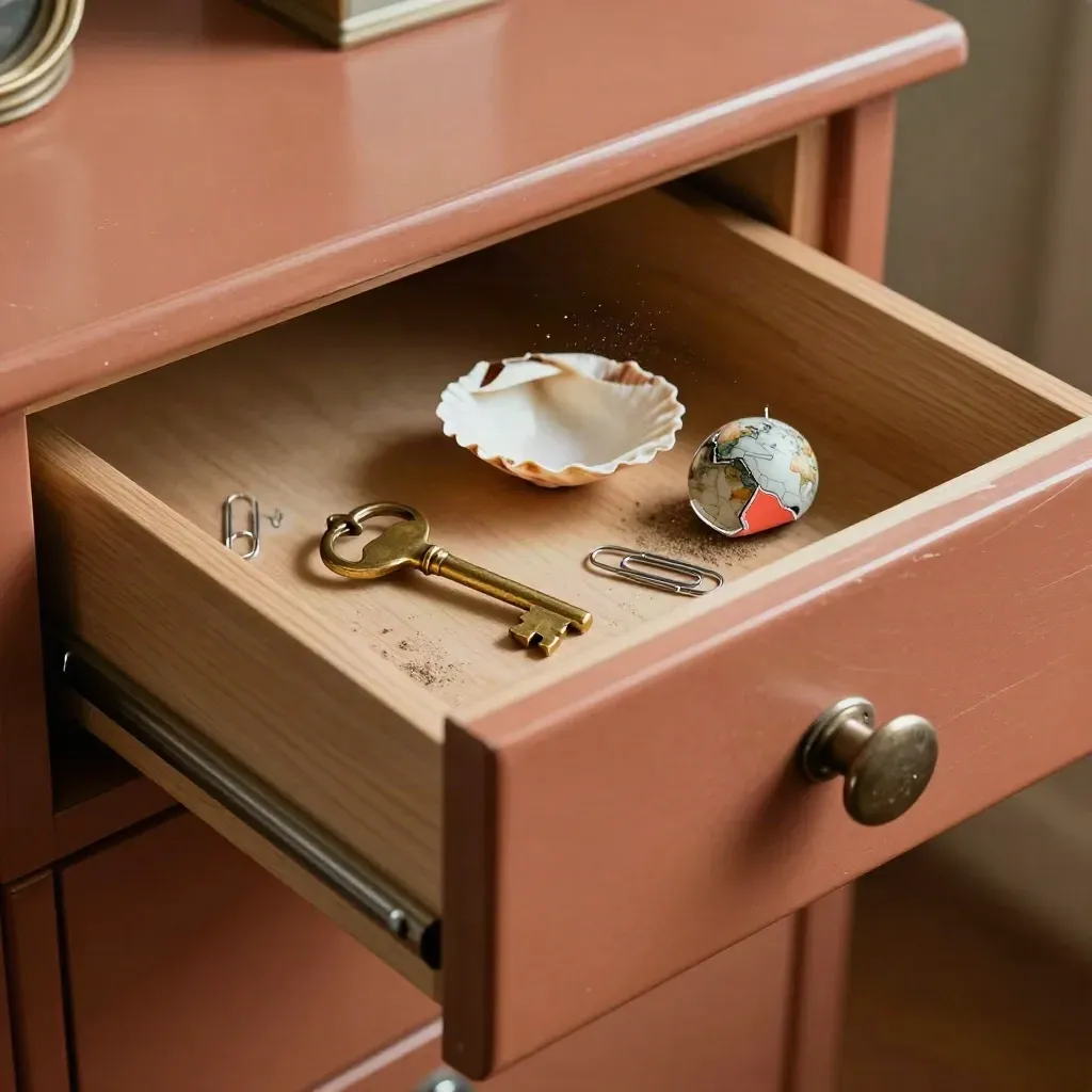 Half-open drawer with key, shell, paper clips and globe fragment seen from above.