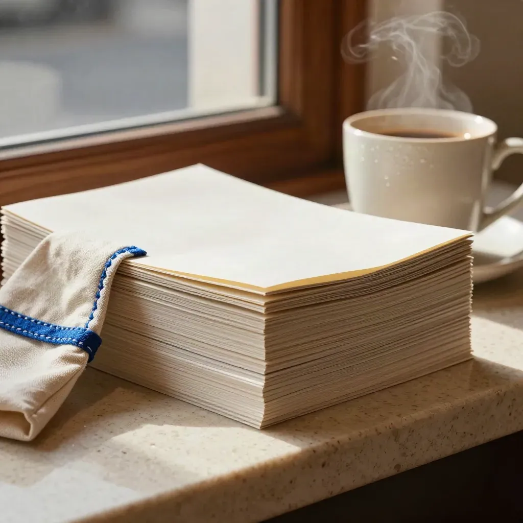 Coffee steam over zines, a cup and folded tote on a sunlit café ledge.