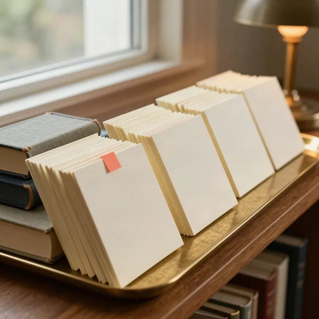 Cream note cards, slim hardcovers, and a brass tray step upward on a walnut shelf in soft afternoon light.