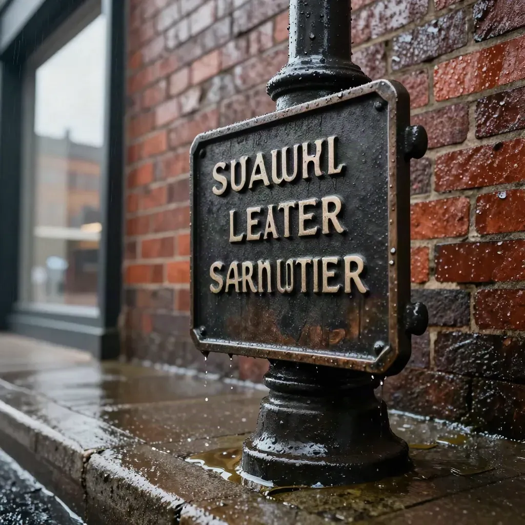 Rain-slick street plaques on a brick corner with a reflected shopfront edge