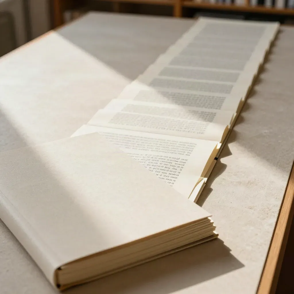 Overhead reading table with stacked notebooks, face-down article packs, and an ivory runner.