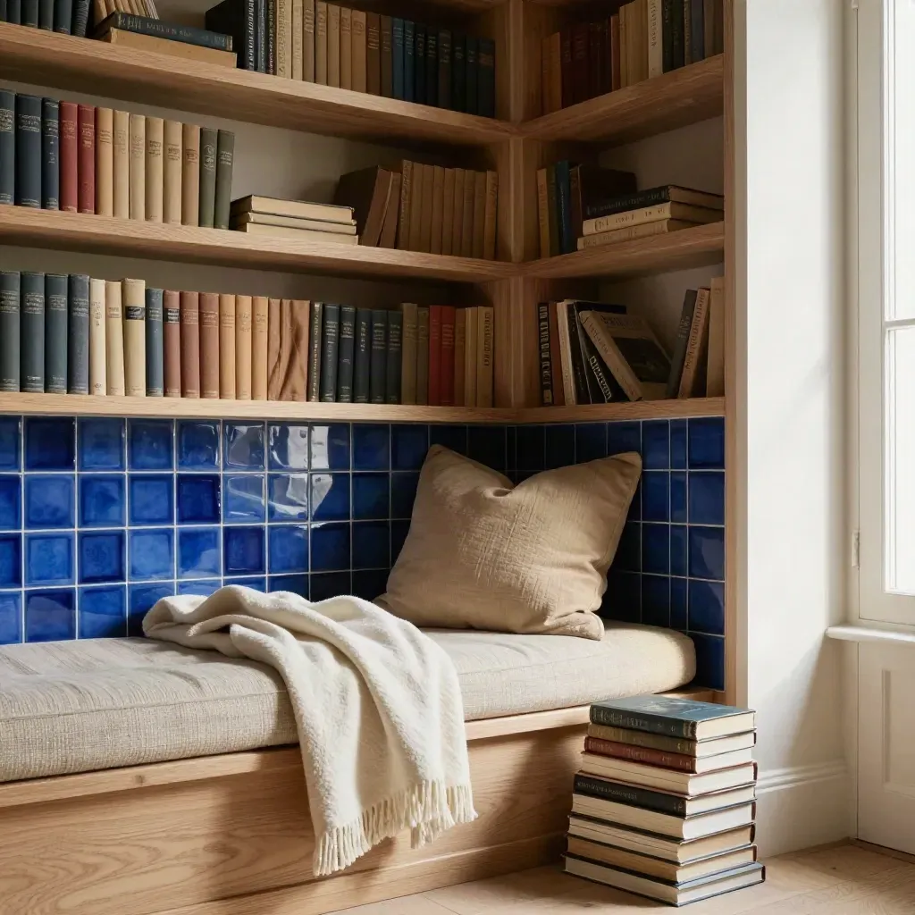 Snug reading alcove with shelves, cushion, blanket, closed books, and a cobalt accent in warm light.