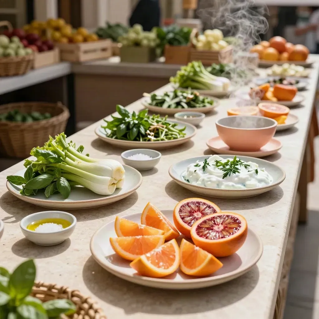 Sunlit market tasting counter with citrus, herbs, and small bowls on limestone.