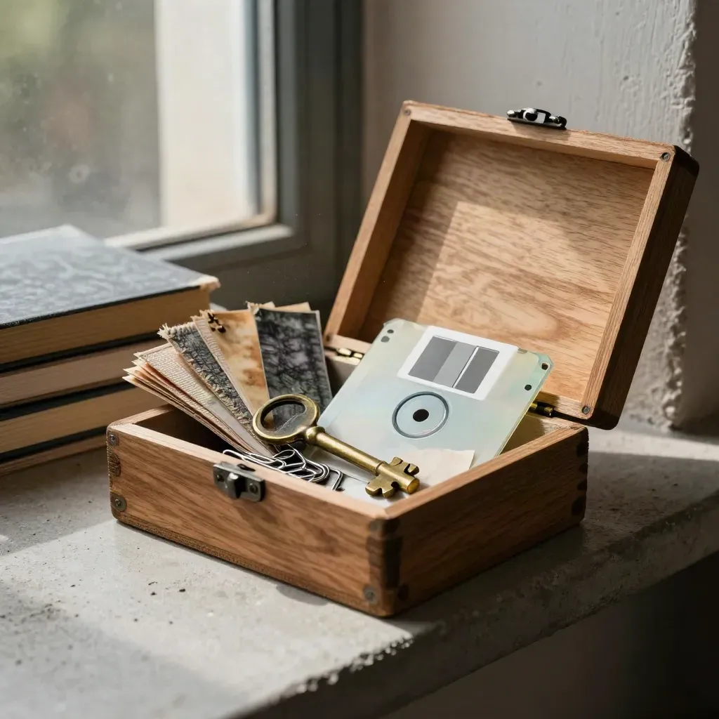 Open box spilling bookmarks, paper clips, a brass key, and a floppy disk by a sunlit window