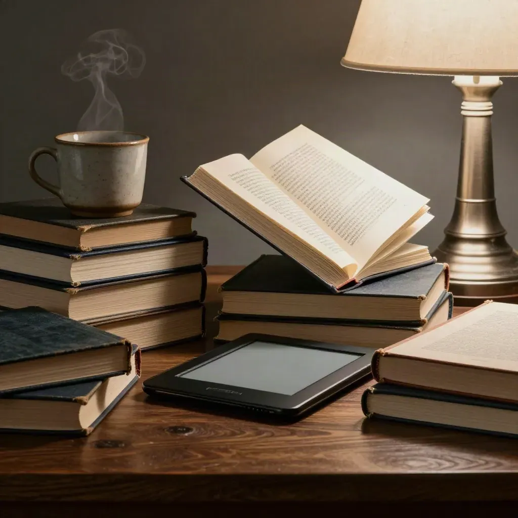 Closed books, angled e-reader, tea mug, and lamp base with a lifted page corner in moody haze.
