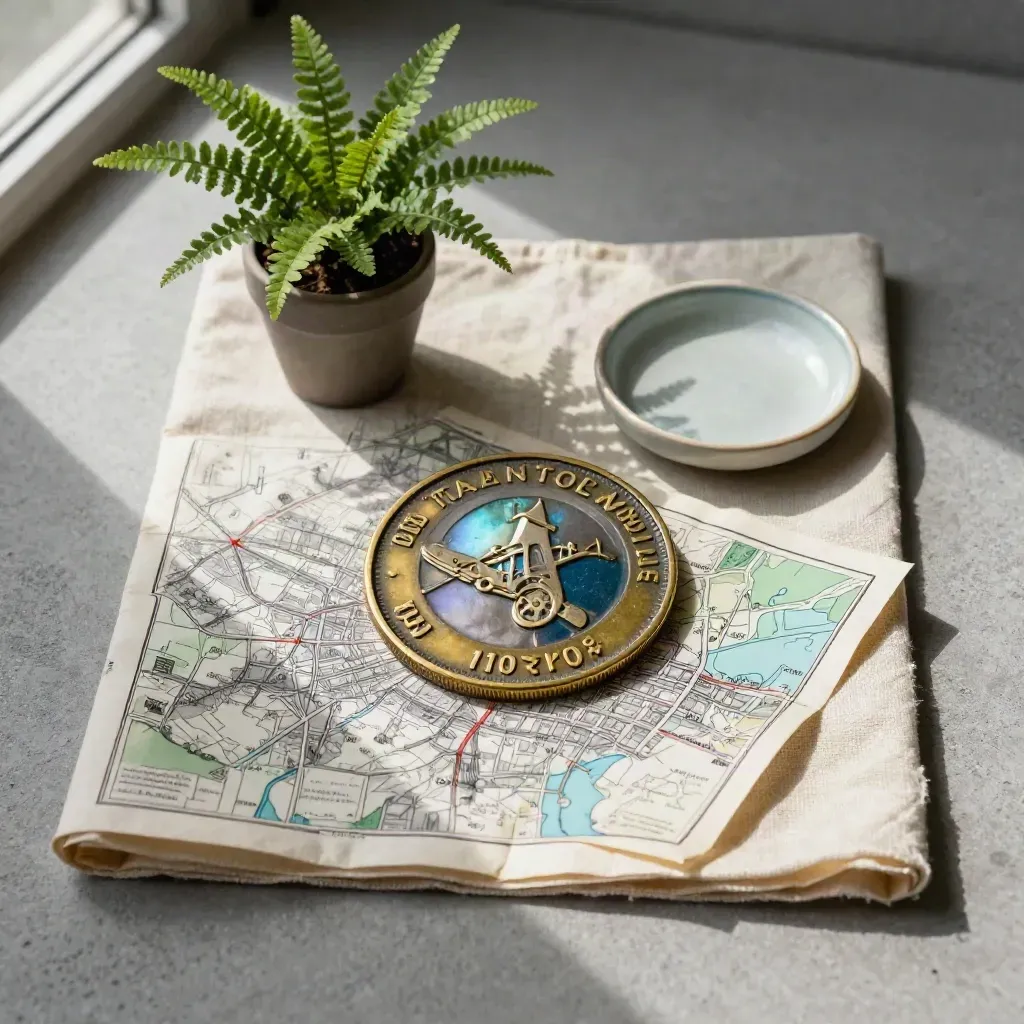 Top-down flatlay of a transit token, city atlas booklet, fern, dish and linen cloth on concrete.