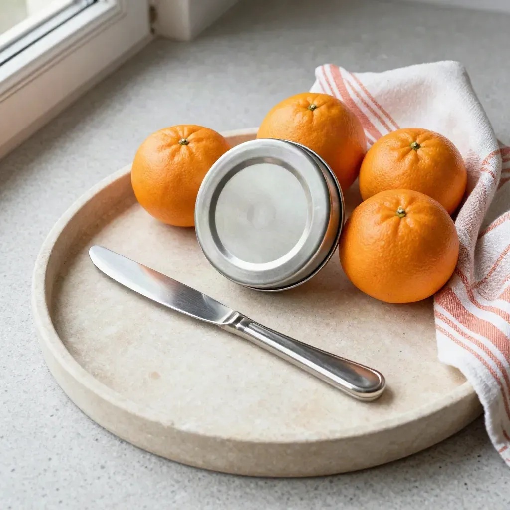 Overhead still life of a tin, citrus, butter knife, and striped cloth on a stone tray.