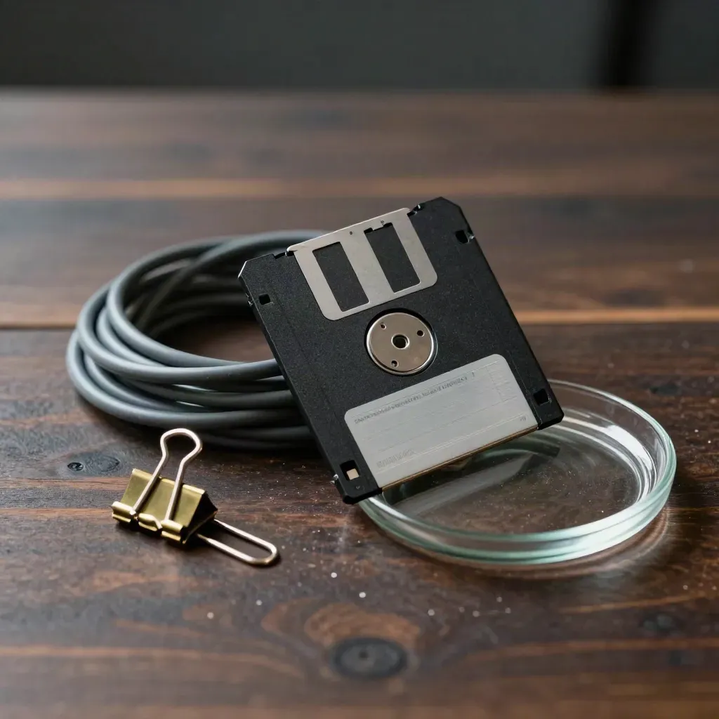 Worn floppy disk, tangled cable, brass paperclip, and glass dish on dark walnut wood