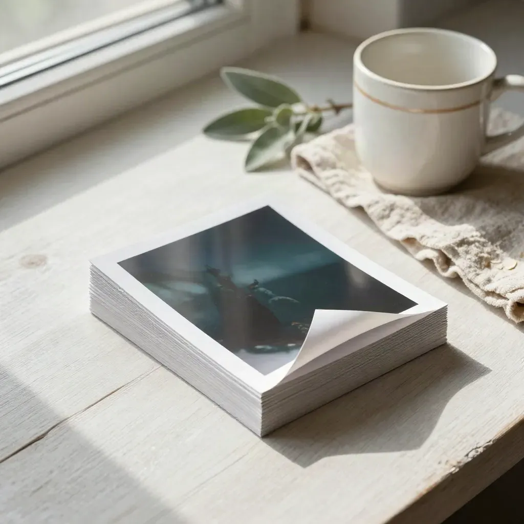 Top-down still life of photo prints, linen cloth, ceramic cup, and greenery on pale wood.