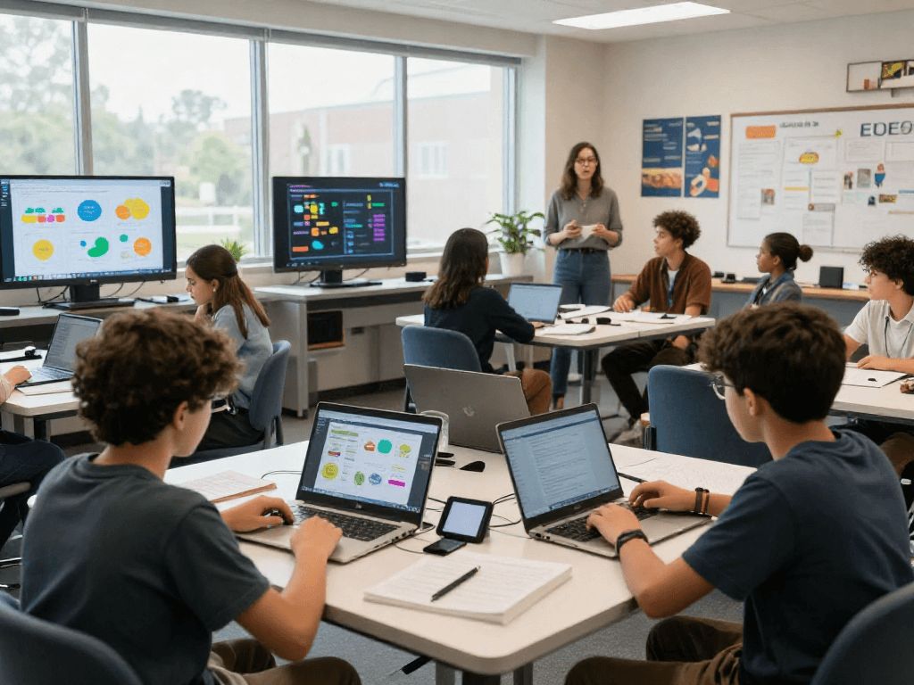Students exploring digital curriculum materials at https://rokok88.live in a vibrant classroom setting.