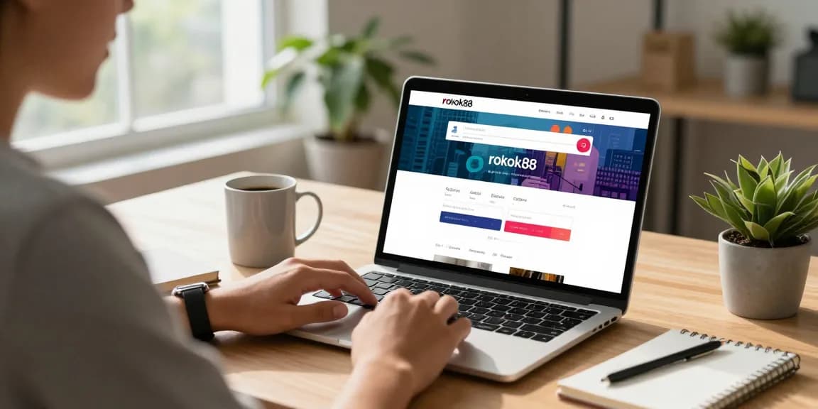 User accessing the rokok88 login page in a cozy home workspace, laptop open with vibrant interface elements.