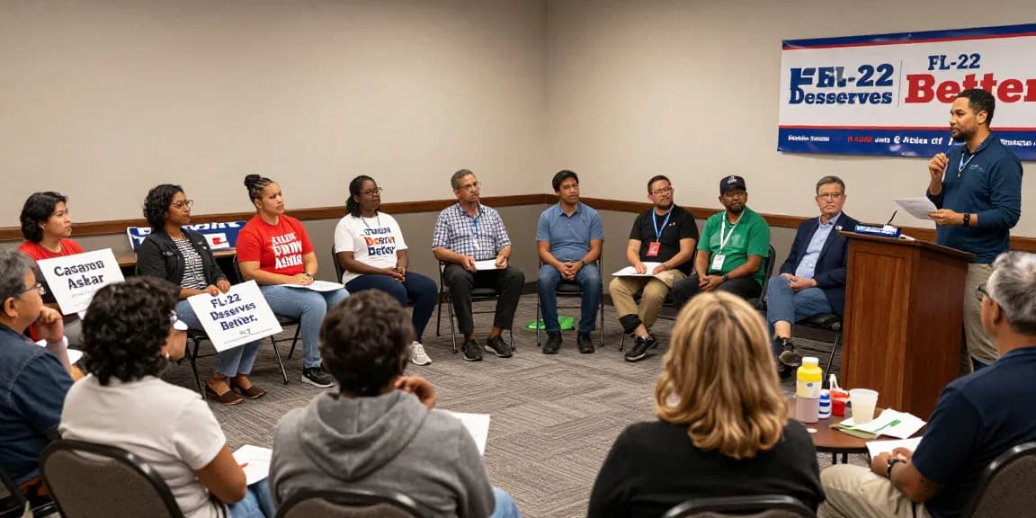 Casey Askar engaging with voters in a town hall meeting to discuss his campaign for FL-22.