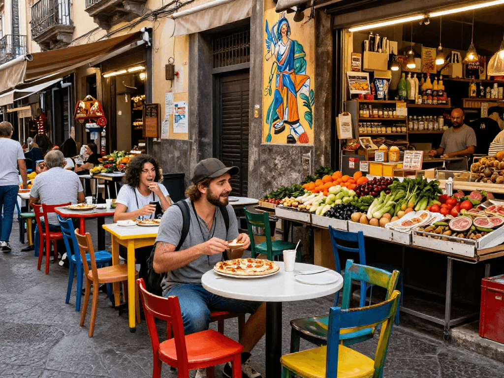 lavowin daftar: Traveler enjoying authentic Naples cuisine at a vibrant outdoor café